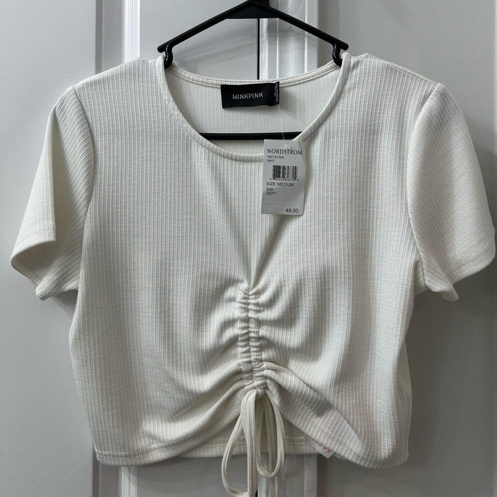 Nordstrom White Ribbed Ruched Tie Front T-Shirt